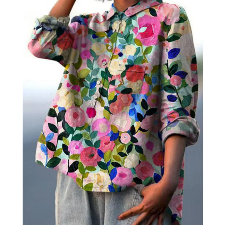 Blommig blus - Långärmad - Knäppt - Överdimensionerad blus - Damkläder-Eva Jonsson