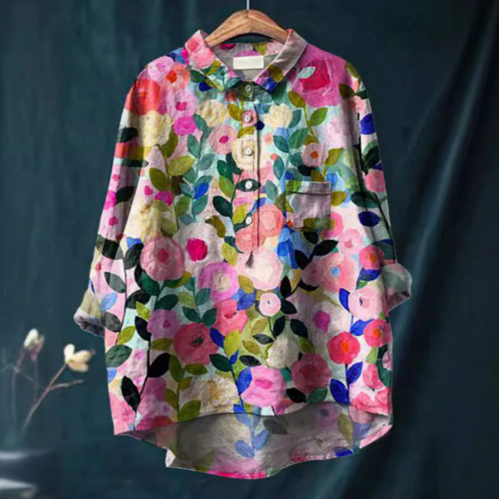 Blommig blus - Långärmad - Knäppt - Överdimensionerad blus - Damkläder-Eva Jonsson