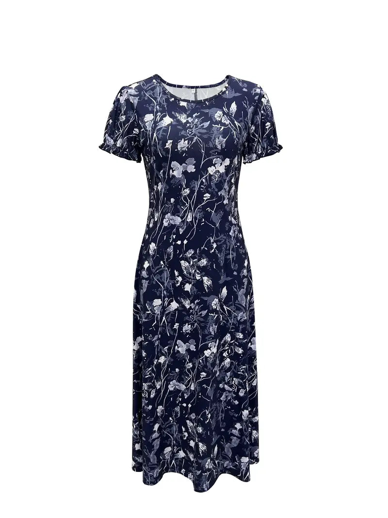 Blommig klänning, Kortärmad, Rund hals, Lång klänning, Sommarklänning-Eva Jonsson