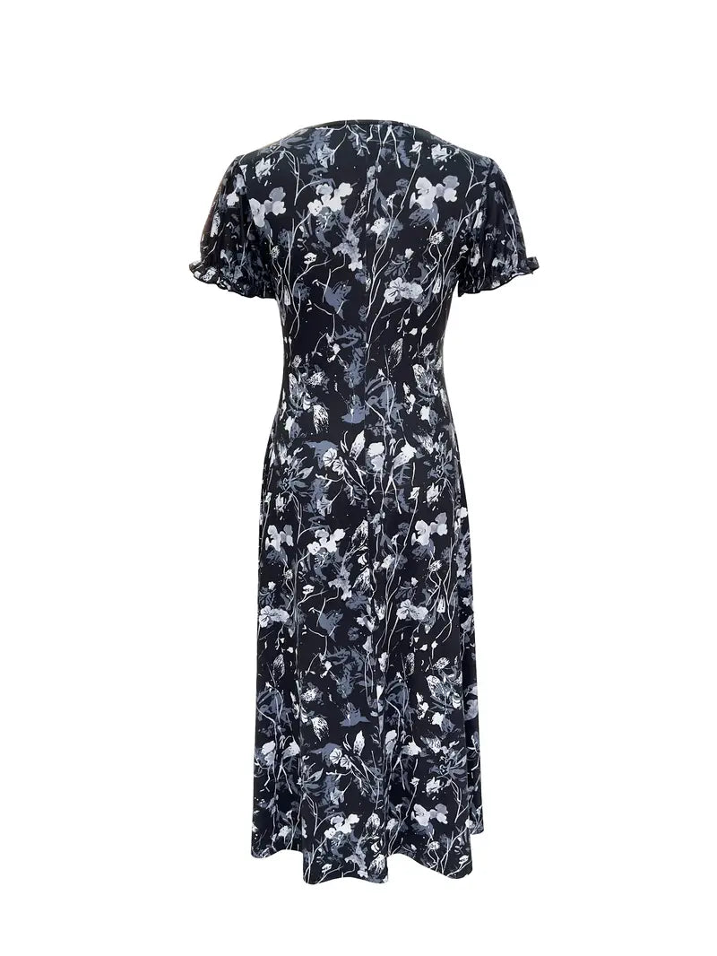 Blommig klänning, Kortärmad, Rund hals, Lång klänning, Sommarklänning-Eva Jonsson