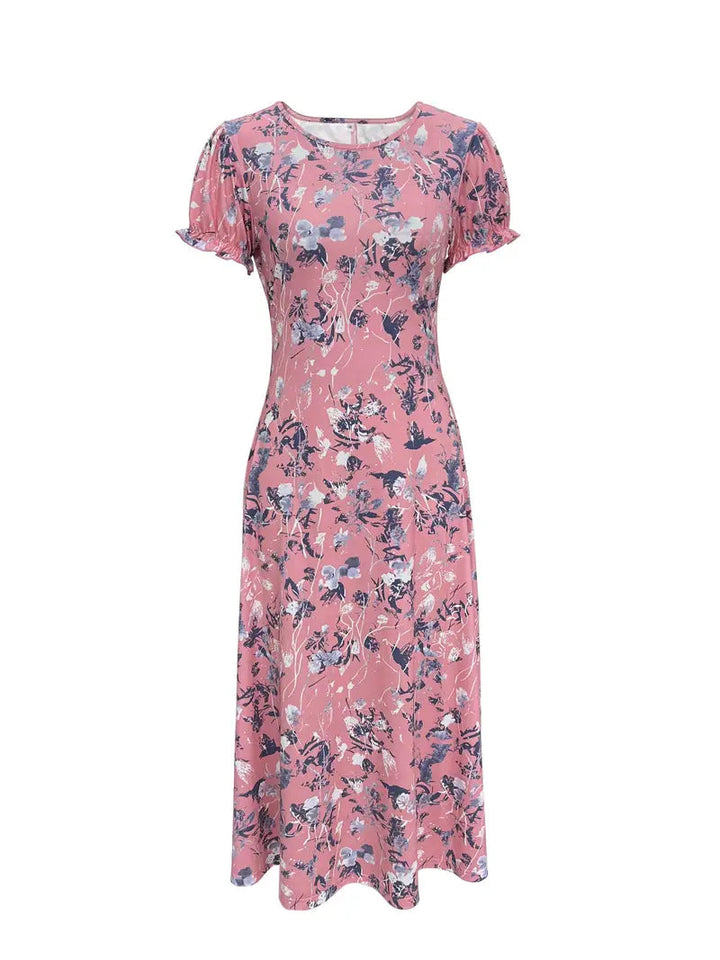 Blommig klänning, Kortärmad, Rund hals, Lång klänning, Sommarklänning-Eva Jonsson