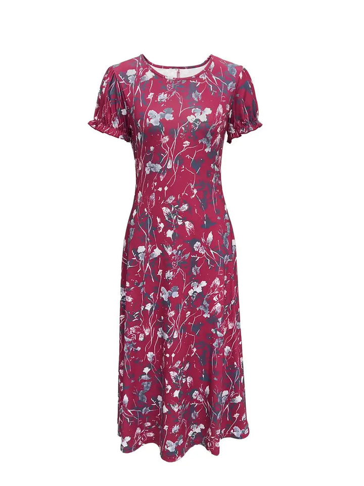 Blommig klänning, Kortärmad, Rund hals, Lång klänning, Sommarklänning-Eva Jonsson
