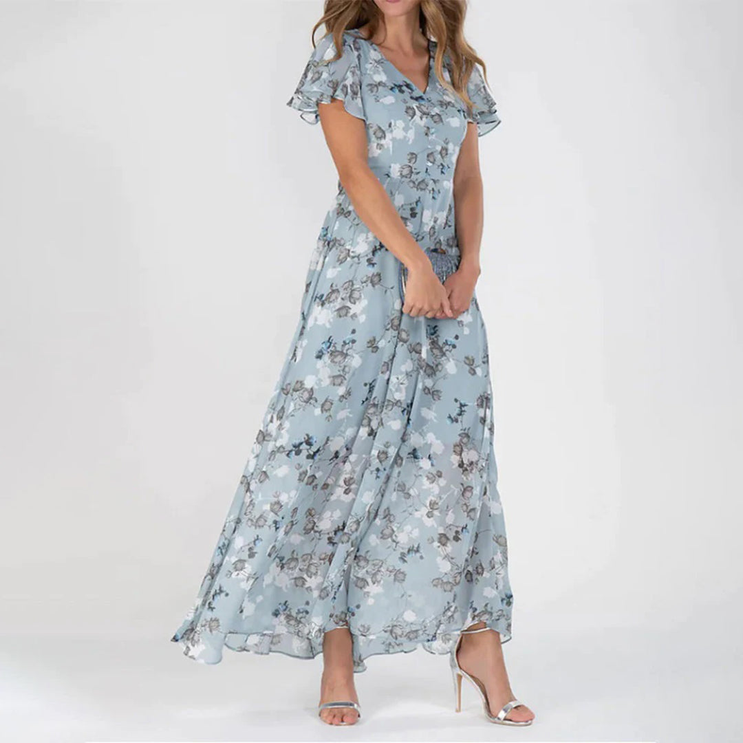 Blommig klänning - V-ringad med fjärilsärm - Maxi sommarklänning-Eva Jonsson