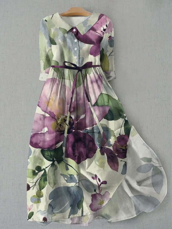 Blommig klänning - Vintage Maxi Sundress med krage för kvinnor-Eva Jonsson