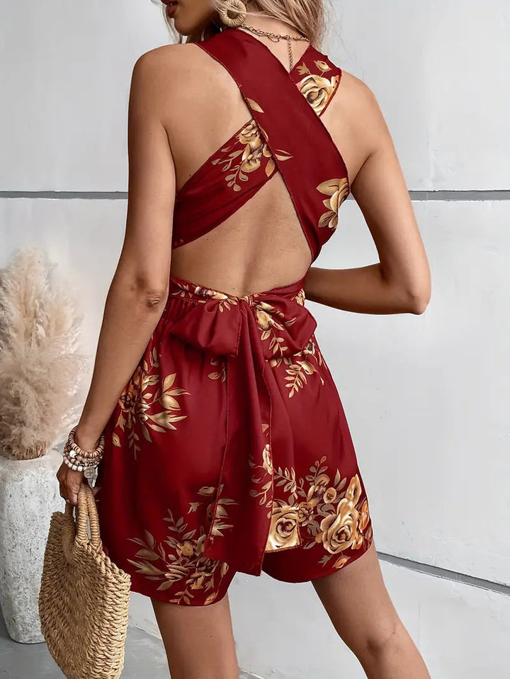 Blommig playsuit, V-hals, Rygglös, Party-jumpsuit, Sommar-jumpsuit-Eva Jonsson