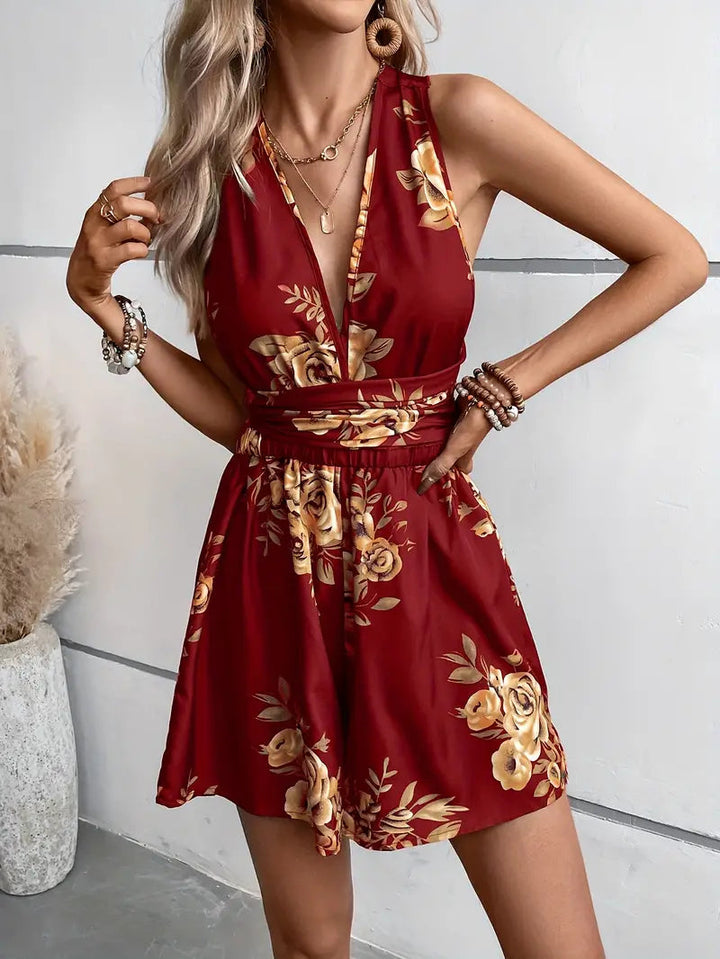Blommig playsuit, V-hals, Rygglös, Party-jumpsuit, Sommar-jumpsuit-Eva Jonsson