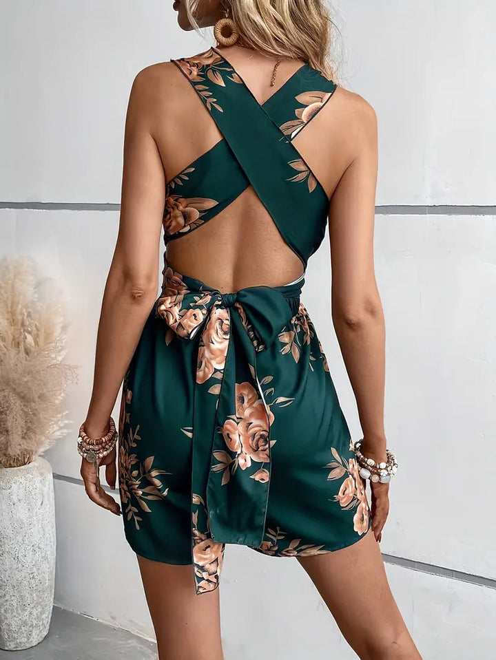 Blommig playsuit, V-hals, Rygglös, Party-jumpsuit, Sommar-jumpsuit-Eva Jonsson
