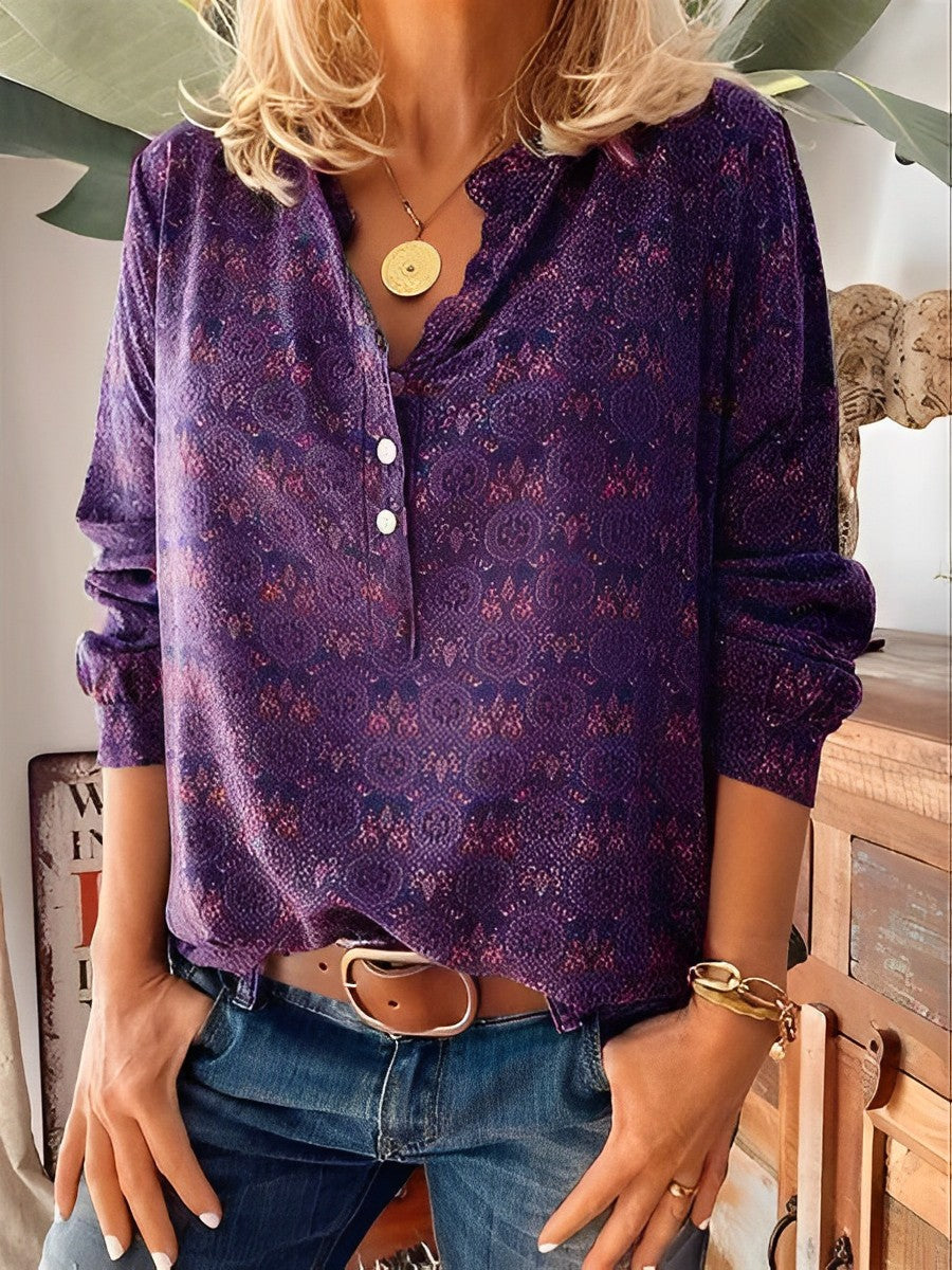Blus - Långärmad V-Neckad Vintage-Blus för Kvinnor-Eva Jonsson