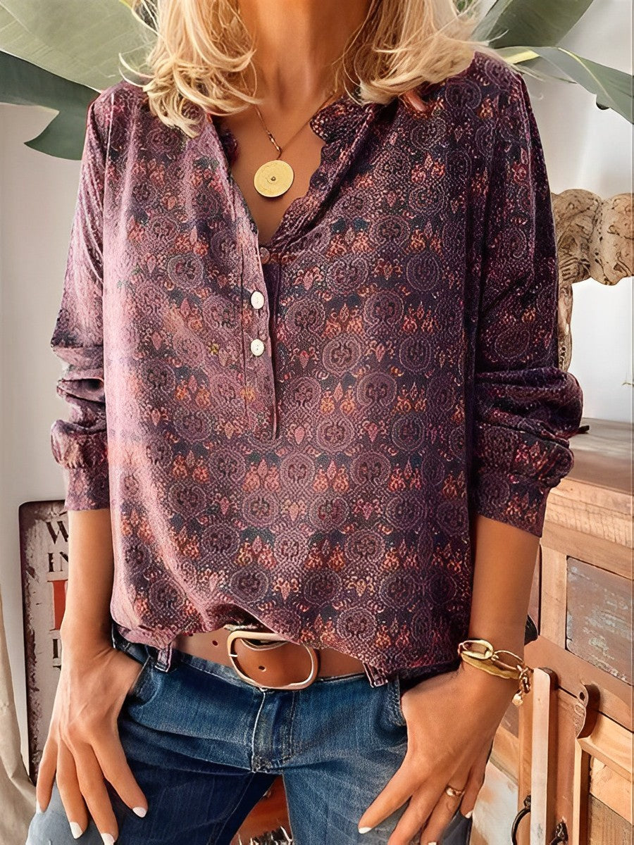 Blus - Långärmad V-Neckad Vintage-Blus för Kvinnor-Eva Jonsson