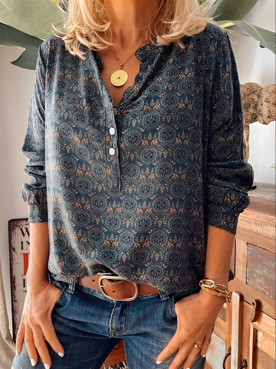 Blus - Långärmad V-Neckad Vintage-Blus för Kvinnor-Eva Jonsson