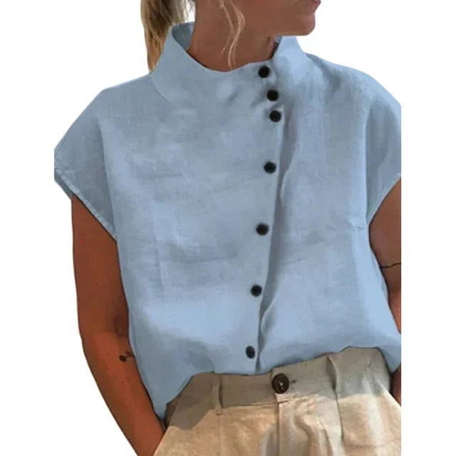Blus - Ståkrage - Knapp Fram - Kortärmade Toppar - Damkläder-Eva Jonsson