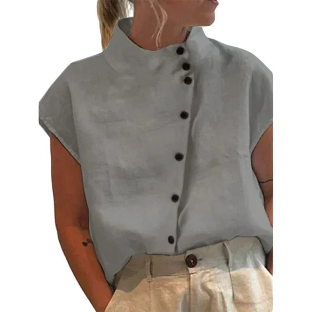 Blus - Ståkrage - Knapp Fram - Kortärmade Toppar - Damkläder-Eva Jonsson