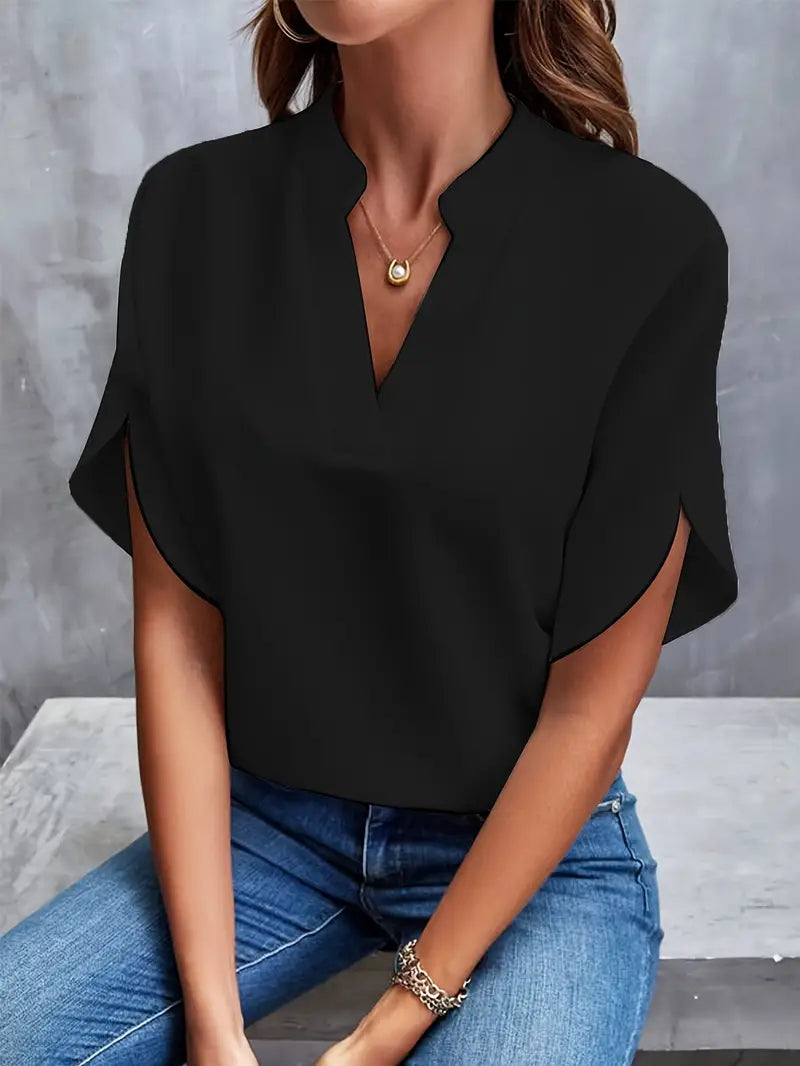 Blus - V-hals - Kortärmad - Satinblus - Damkläder-Eva Jonsson