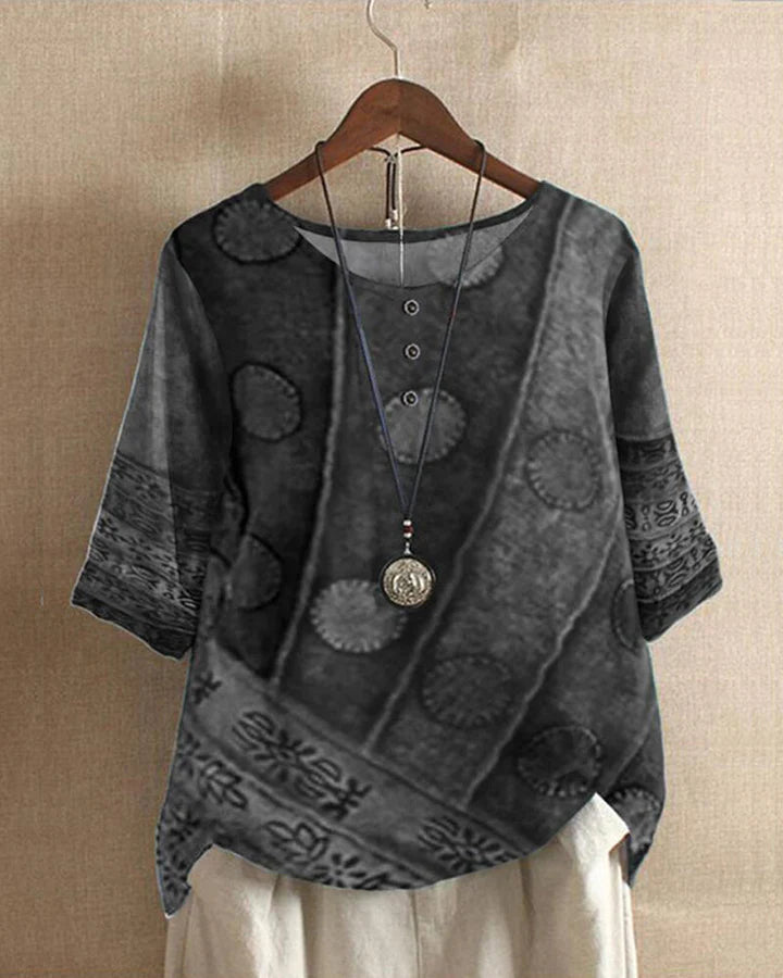 Blus med lös passform - Kortärmad - Tryckt - Vintageblus - Blusar för kvinnor-Eva Jonsson