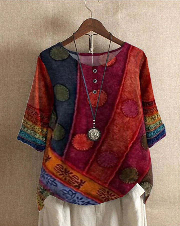 Blus med lös passform - Kortärmad - Tryckt - Vintageblus - Blusar för kvinnor-Eva Jonsson