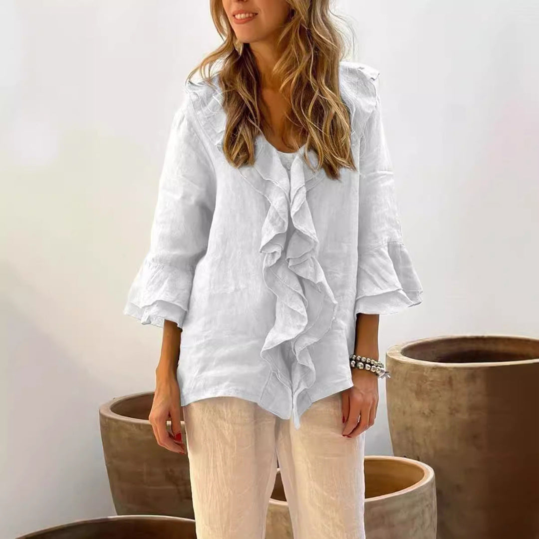 Blus med rufs - V-ringad långärmad blus med lös passform för kvinnor-Eva Jonsson