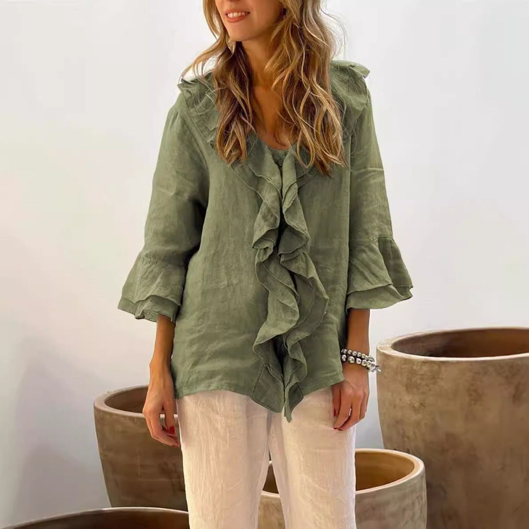 Blus med rufs - V-ringad långärmad blus med lös passform för kvinnor-Eva Jonsson