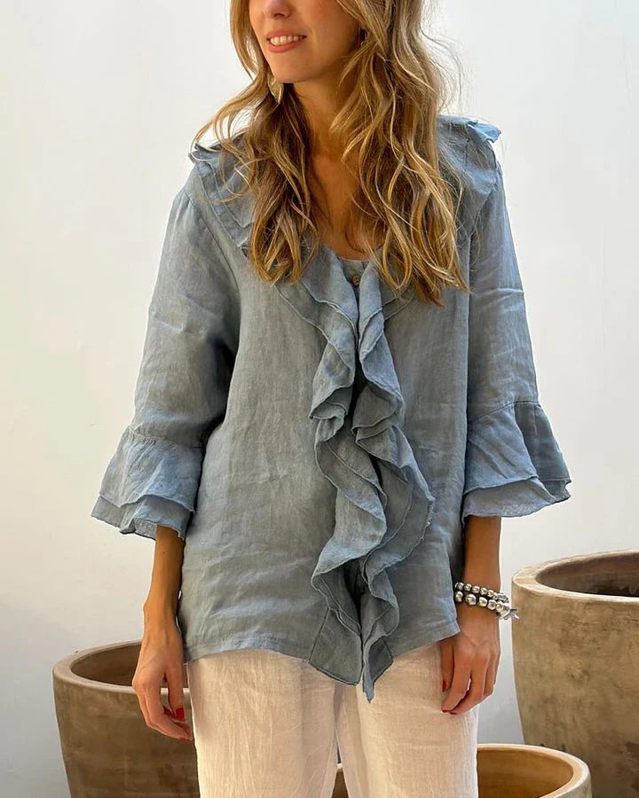 Blus med rufs - V-ringad långärmad blus med lös passform för kvinnor-Eva Jonsson