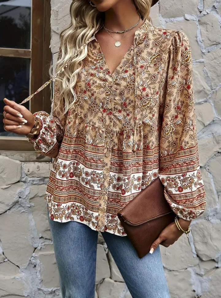 Boho-Blus, blommönster, långärmad, damkläder, lös passform-Eva Jonsson