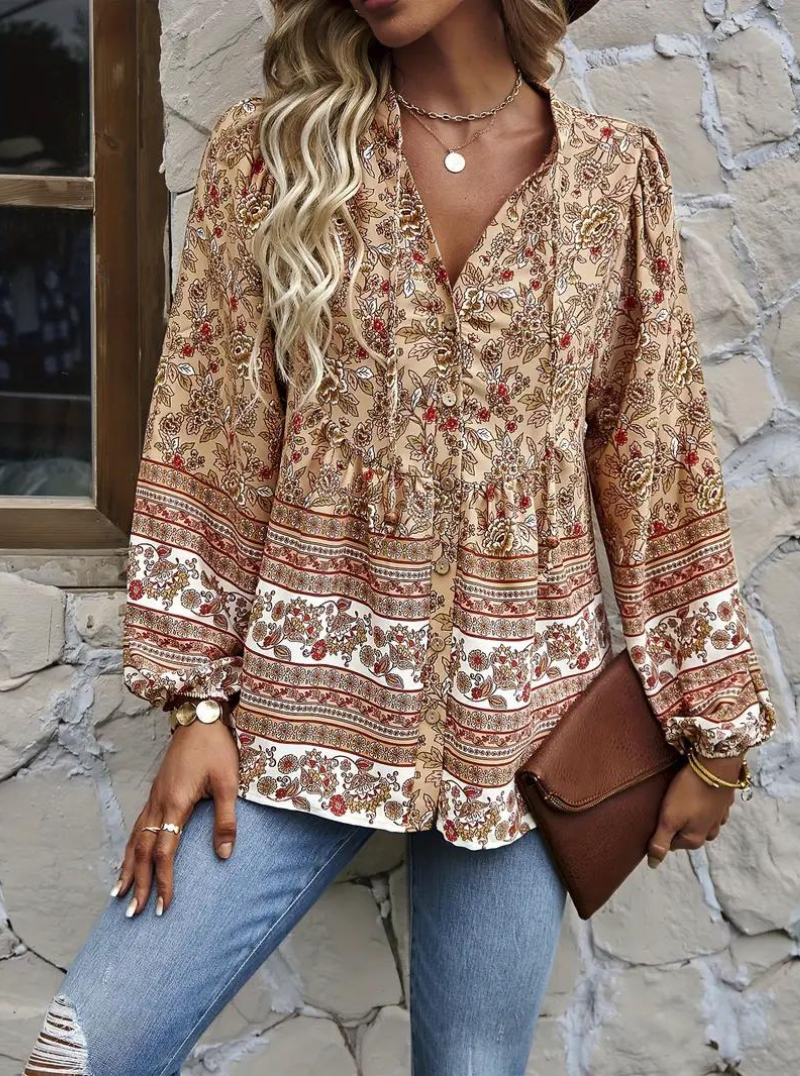 Boho-Blus, blommönster, långärmad, damkläder, lös passform-Eva Jonsson