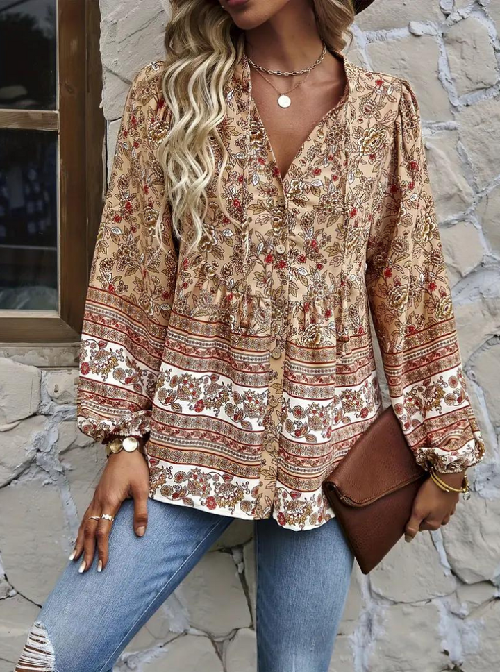 Boho-Blus, blommönster, långärmad, damkläder, lös passform-Eva Jonsson