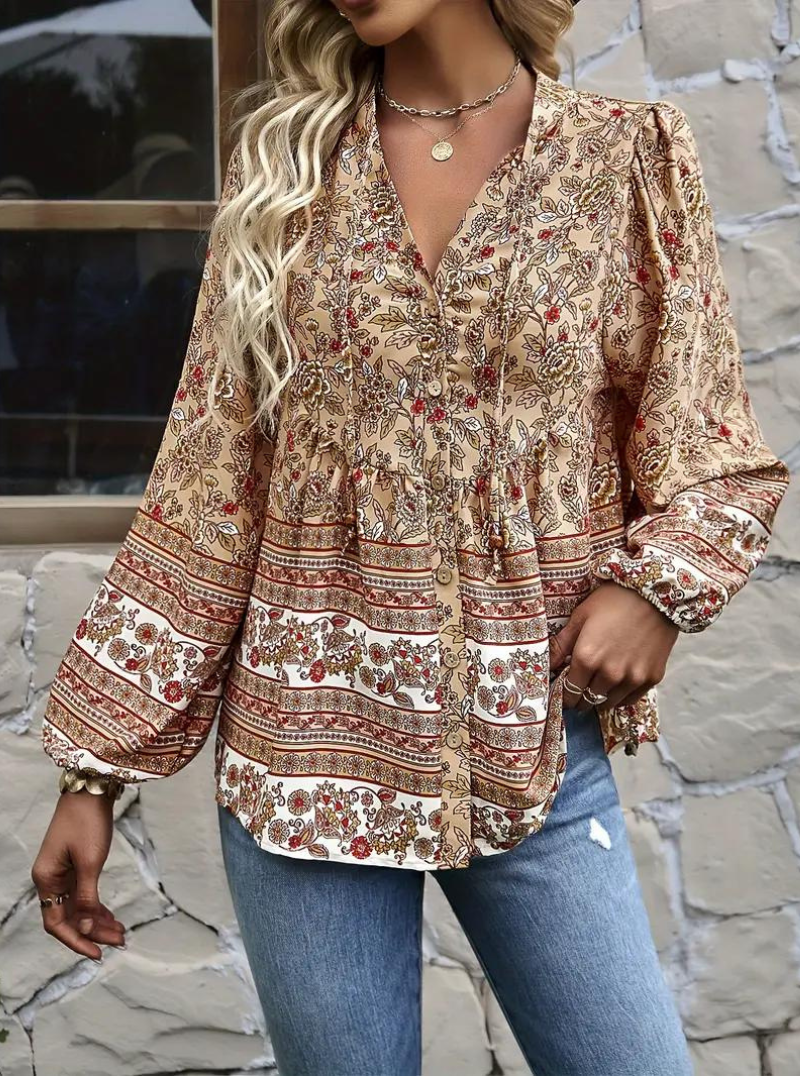 Boho-Blus, blommönster, långärmad, damkläder, lös passform-Eva Jonsson