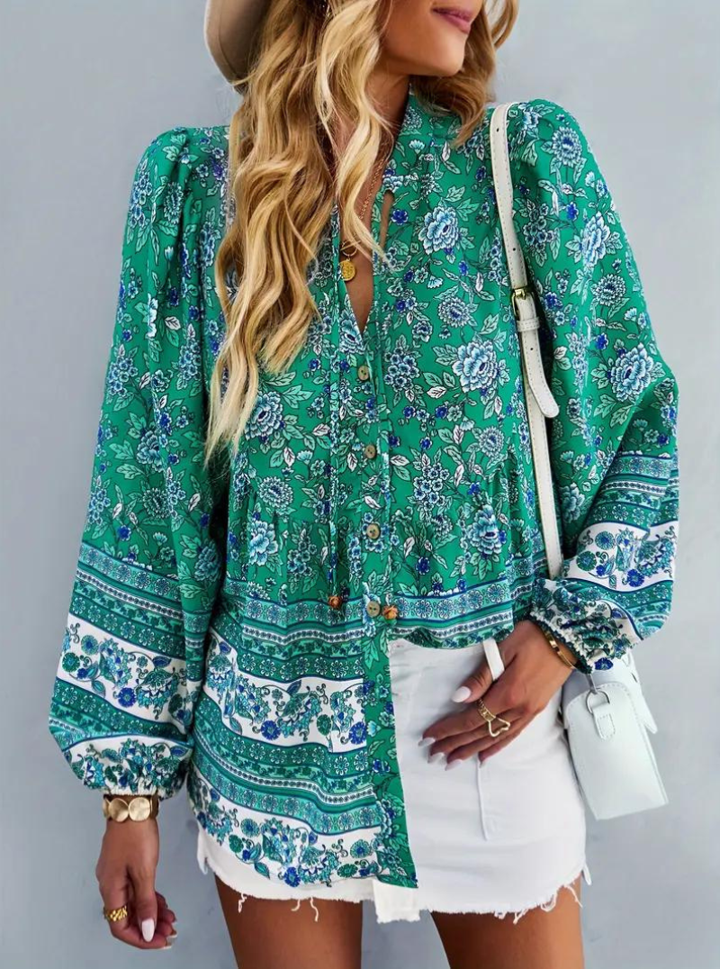 Boho-Blus, blommönster, långärmad, damkläder, lös passform-Eva Jonsson