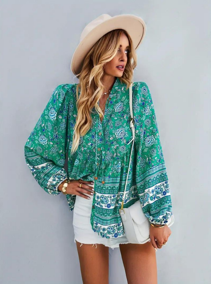Boho-Blus, blommönster, långärmad, damkläder, lös passform-Eva Jonsson