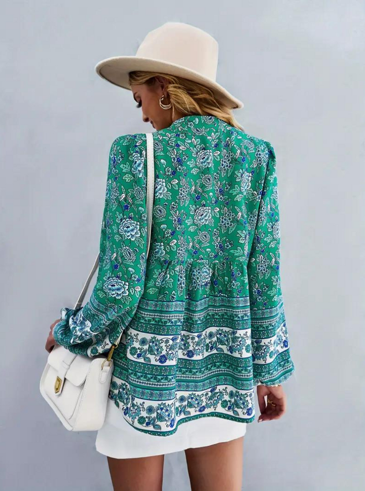 Boho-Blus, blommönster, långärmad, damkläder, lös passform-Eva Jonsson