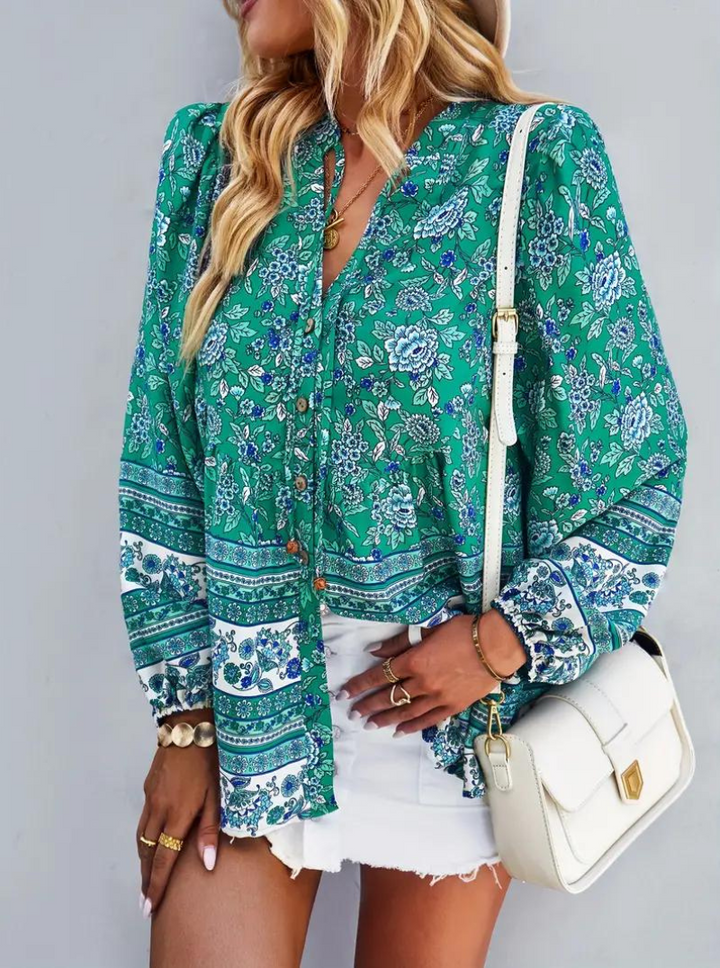 Boho-Blus, blommönster, långärmad, damkläder, lös passform-Eva Jonsson