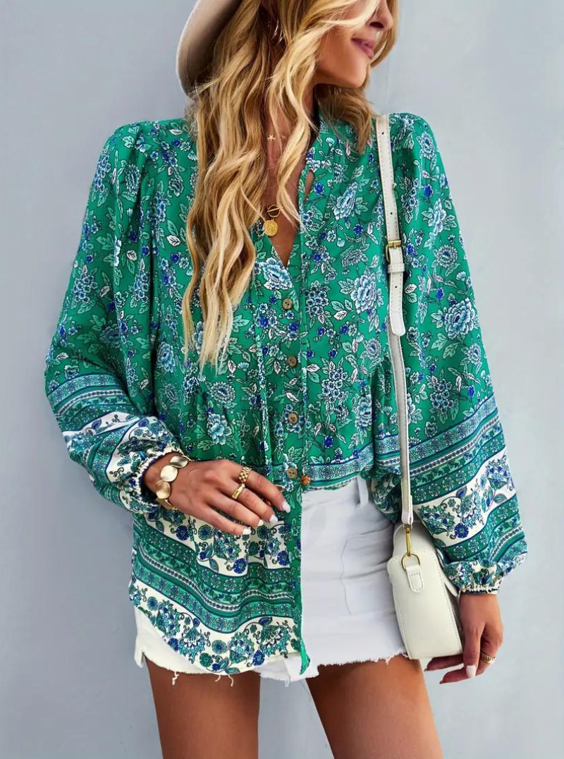 Boho-Blus, blommönster, långärmad, damkläder, lös passform-Eva Jonsson