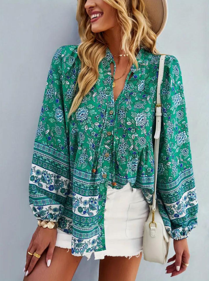 Boho-Blus, blommönster, långärmad, damkläder, lös passform-Eva Jonsson