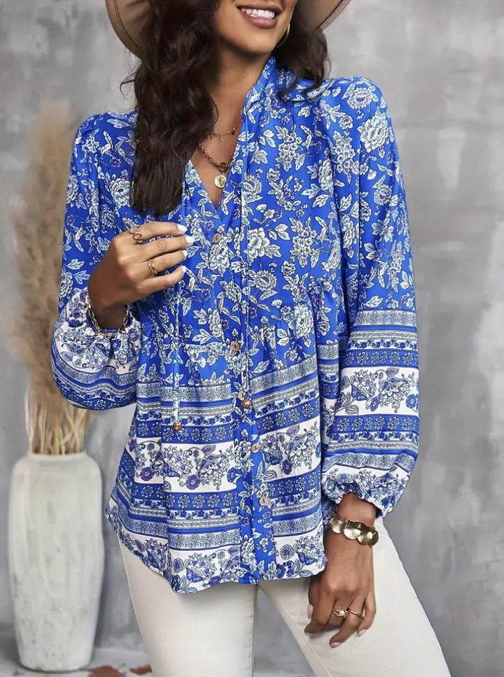 Boho-Blus, blommönster, långärmad, damkläder, lös passform-Eva Jonsson