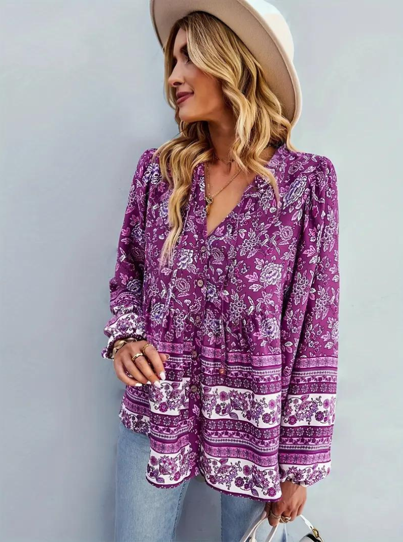 Boho-Blus, blommönster, långärmad, damkläder, lös passform-Eva Jonsson