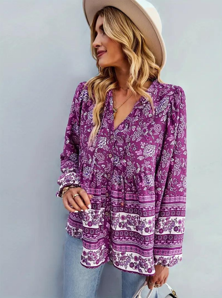 Boho-Blus, blommönster, långärmad, damkläder, lös passform-Eva Jonsson