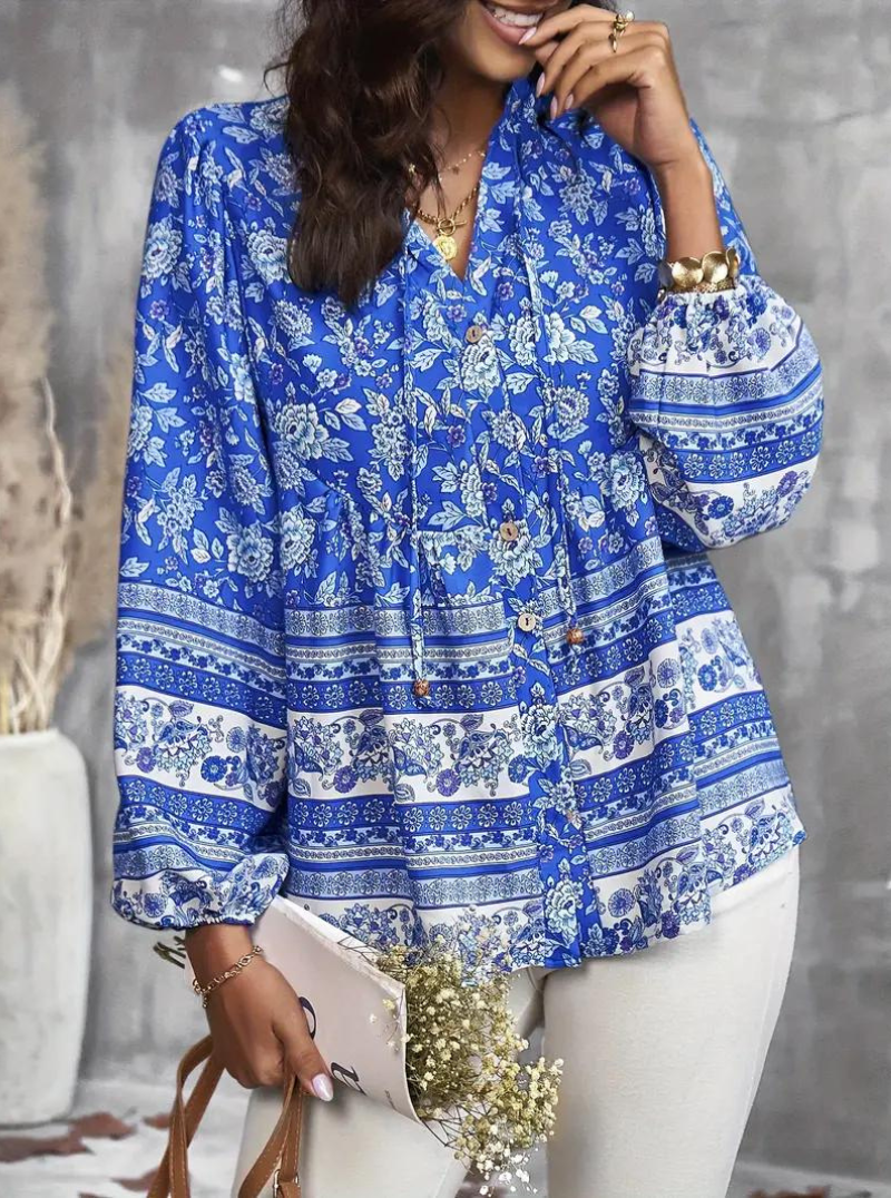 Boho-Blus, blommönster, långärmad, damkläder, lös passform-Eva Jonsson