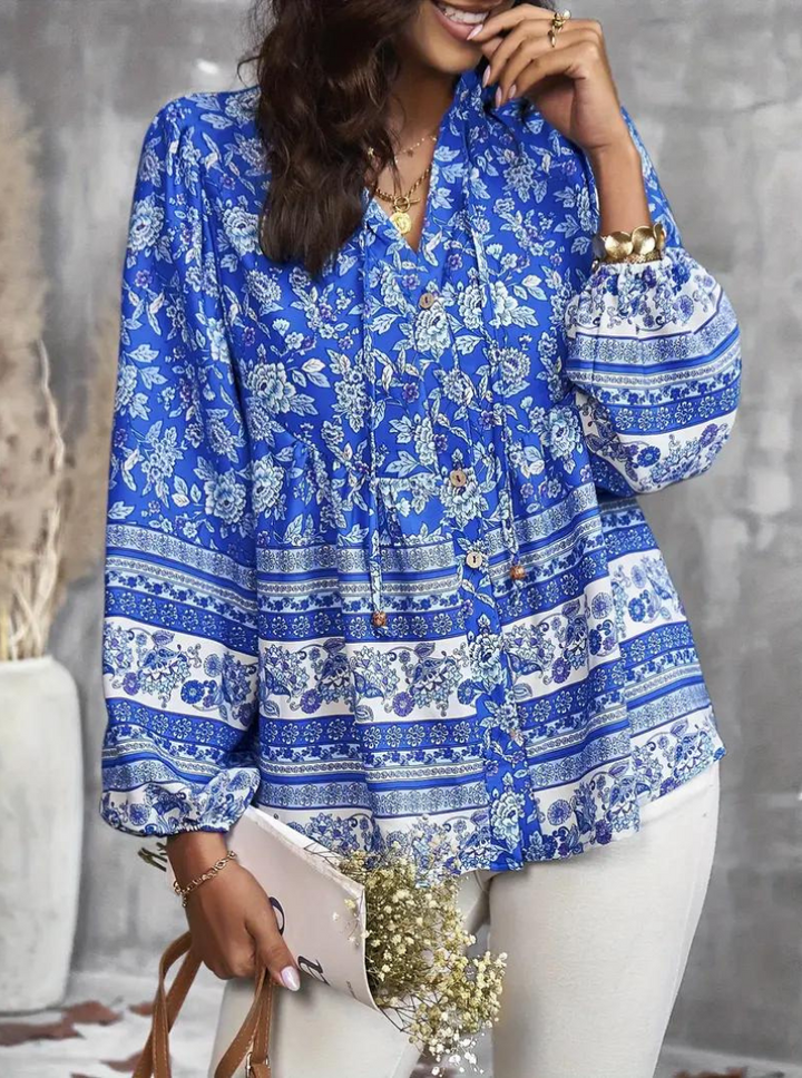 Boho-Blus, blommönster, långärmad, damkläder, lös passform-Eva Jonsson