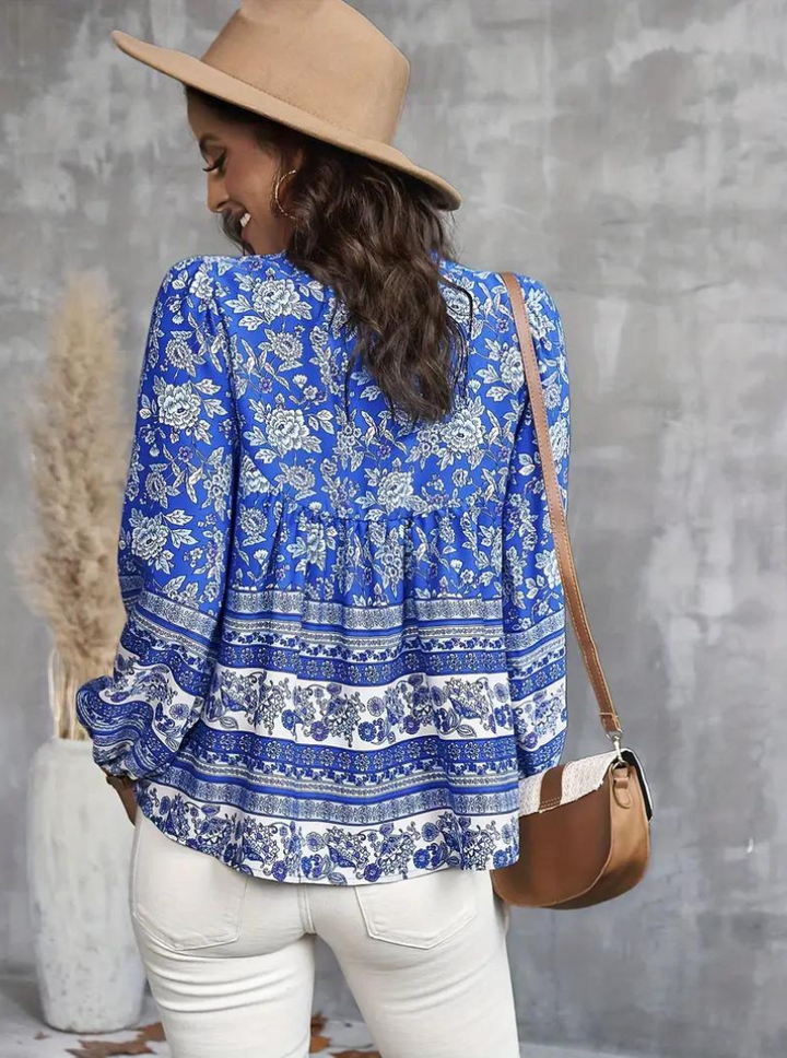 Boho-Blus, blommönster, långärmad, damkläder, lös passform-Eva Jonsson