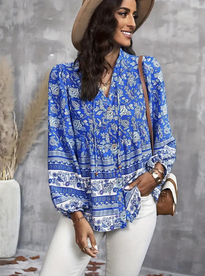 Boho-Blus, blommönster, långärmad, damkläder, lös passform-Eva Jonsson