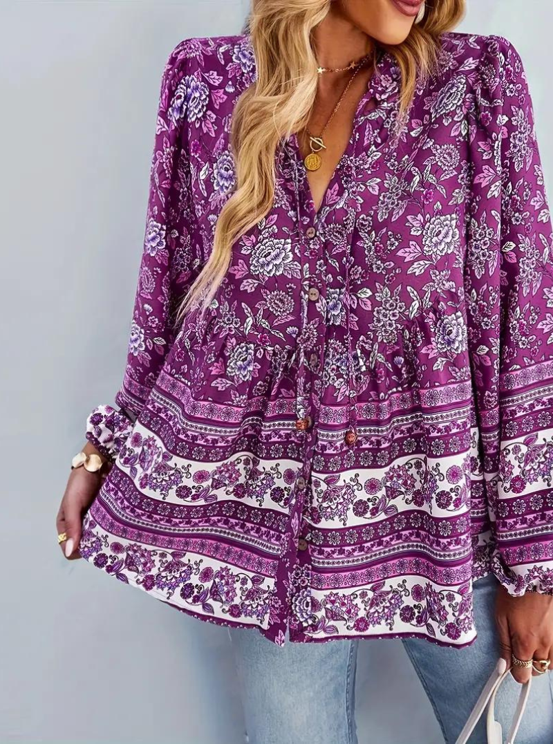 Boho-Blus, blommönster, långärmad, damkläder, lös passform-Eva Jonsson
