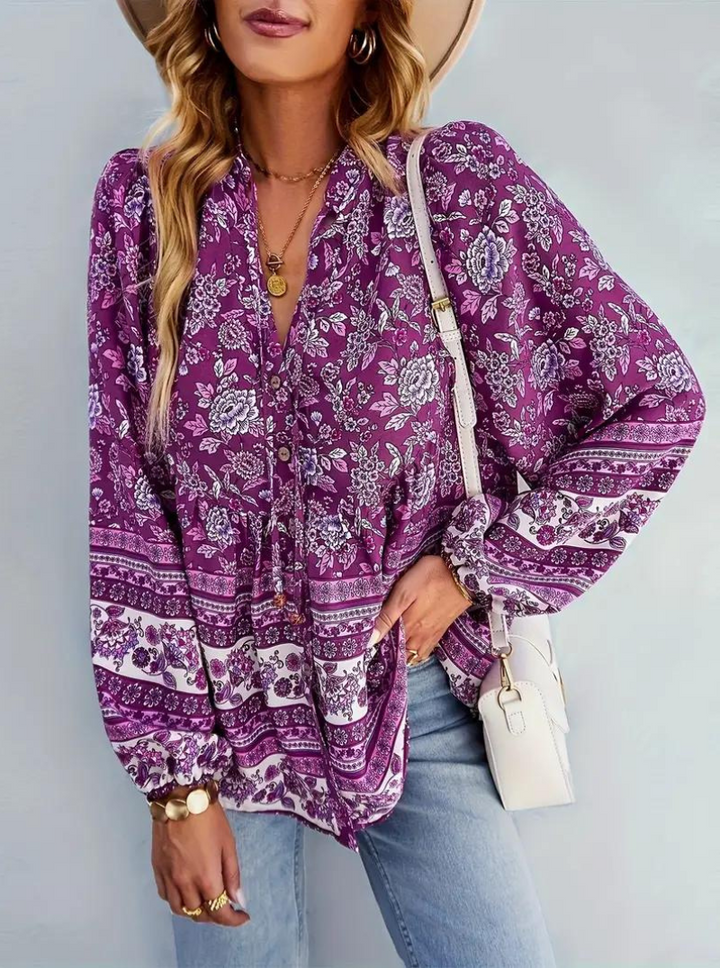 Boho-Blus, blommönster, långärmad, damkläder, lös passform-Eva Jonsson