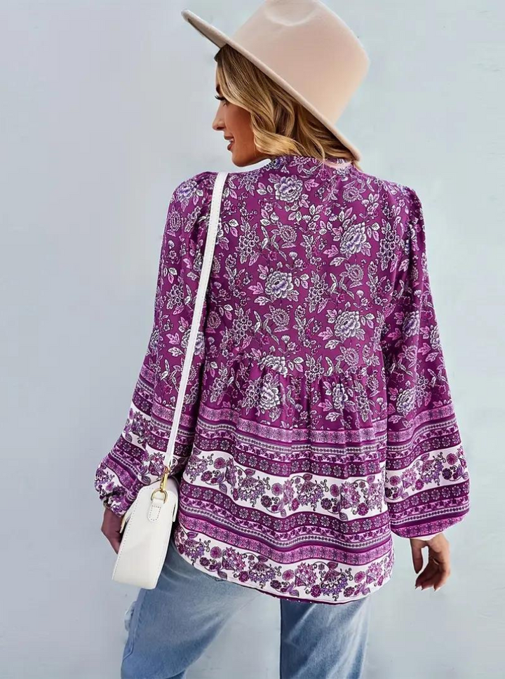 Boho-Blus, blommönster, långärmad, damkläder, lös passform-Eva Jonsson