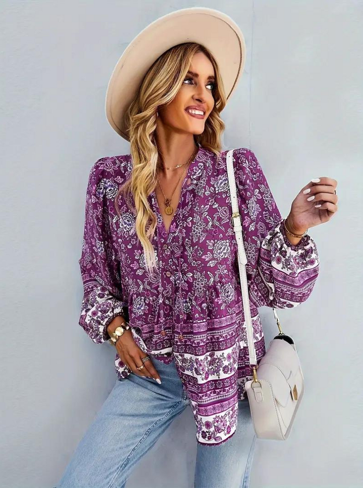 Boho-Blus, blommönster, långärmad, damkläder, lös passform-Eva Jonsson