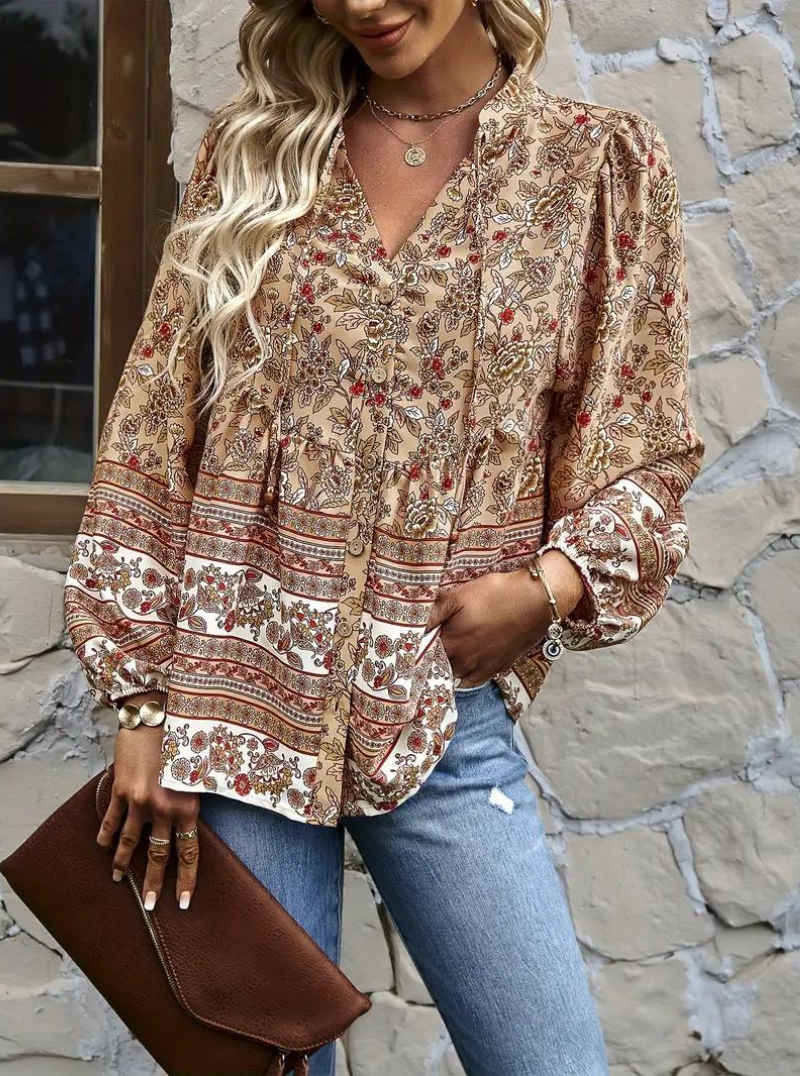 Boho-Blus, blommönster, långärmad, damkläder, lös passform-Eva Jonsson