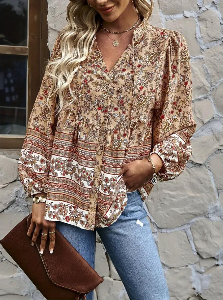 Boho-Blus, blommönster, långärmad, damkläder, lös passform-Eva Jonsson