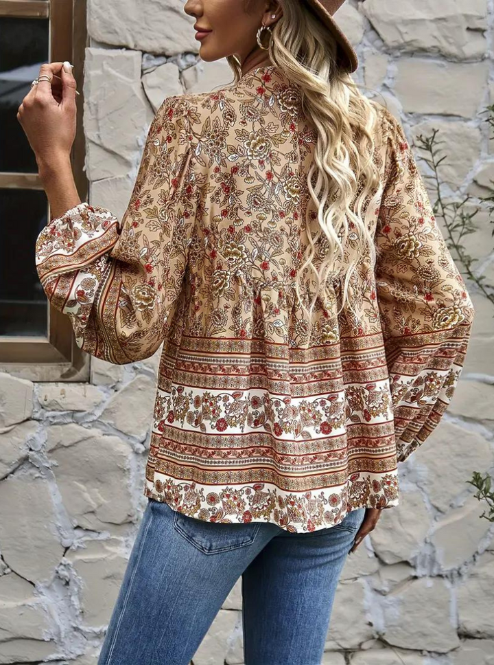 Boho-Blus, blommönster, långärmad, damkläder, lös passform-Eva Jonsson