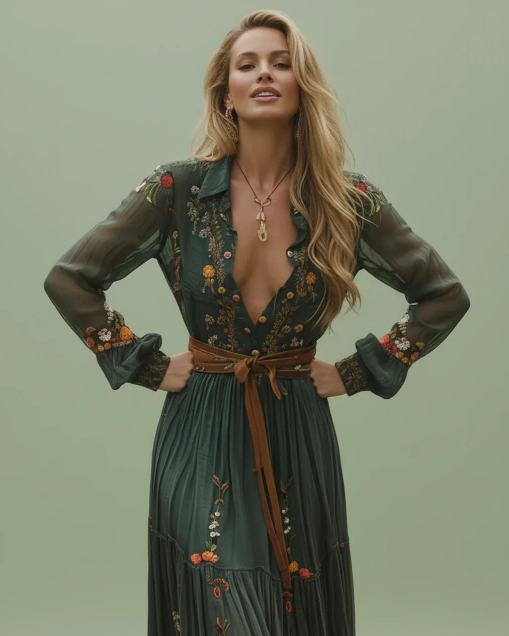 Boho Dam Maxi Klänning med Låg V-Hals och Långa Ärmar Mirla-Eva Jonsson