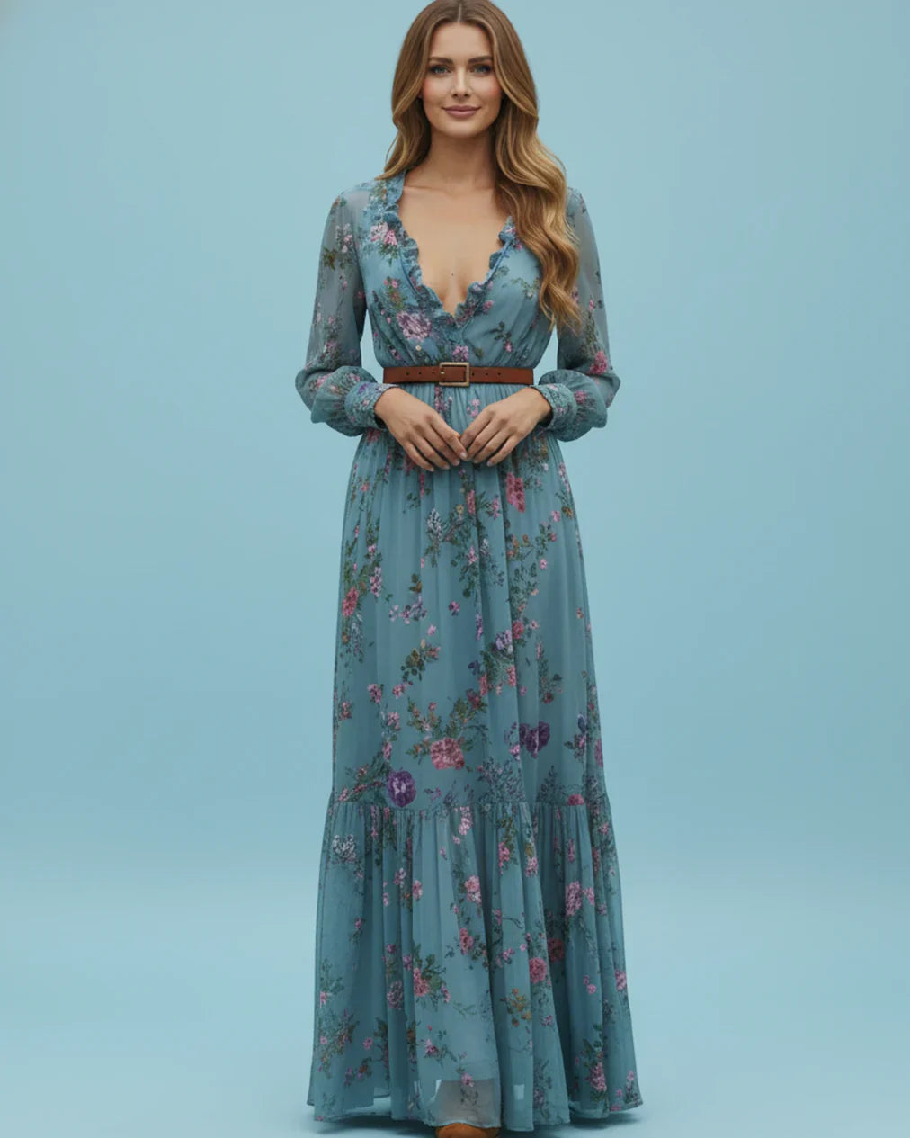 Boho Dam Maxi Klänning med Låg V-Hals och Långa Ärmar Mirla-Eva Jonsson