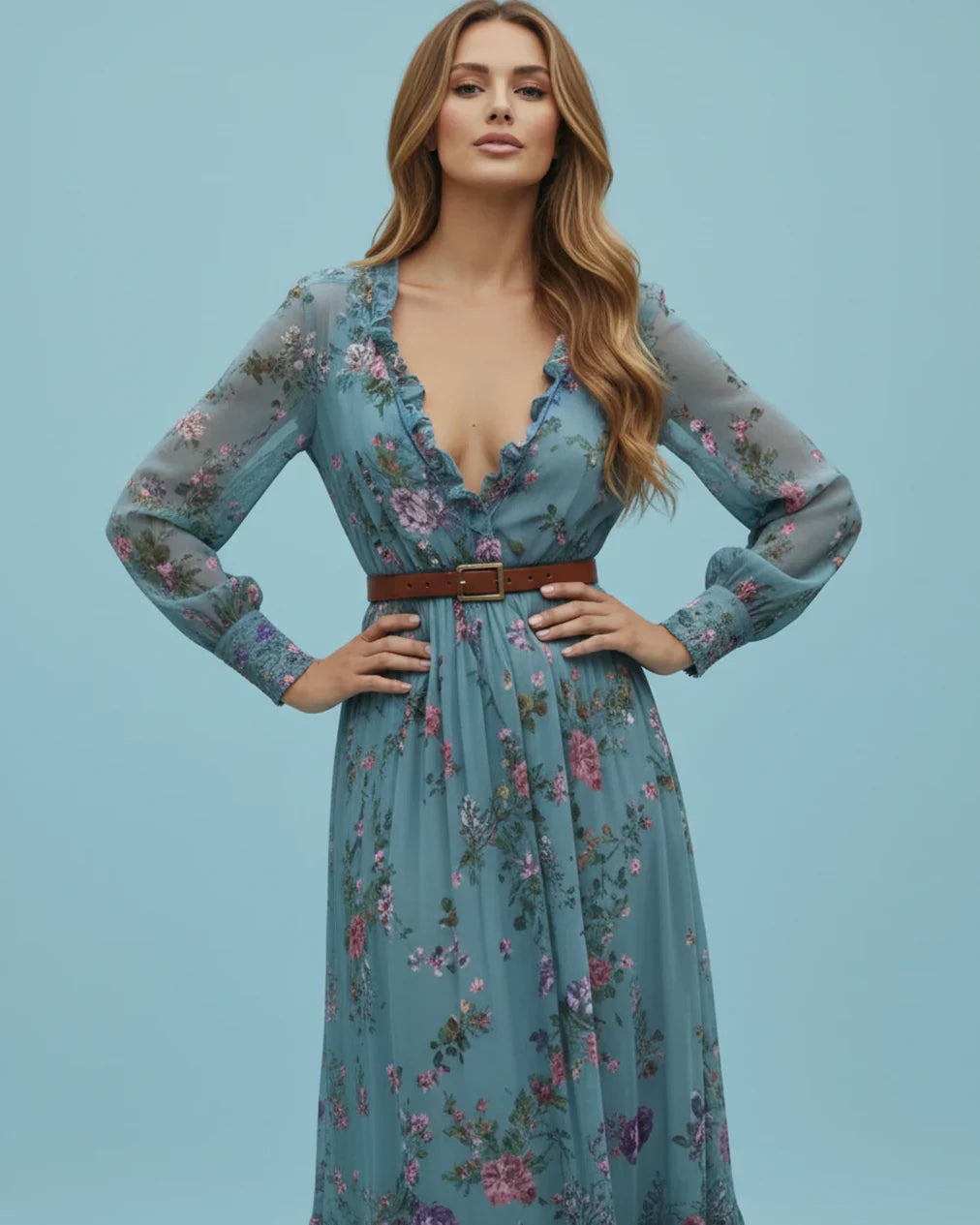 Boho Dam Maxi Klänning med Låg V-Hals och Långa Ärmar Mirla-Eva Jonsson
