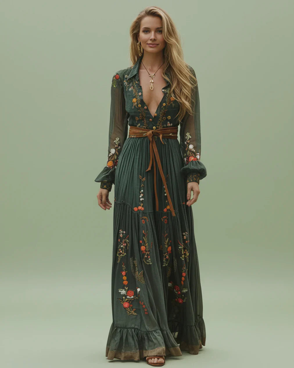 Boho Dam Maxi Klänning med Låg V-Hals och Långa Ärmar Mirla-Eva Jonsson
